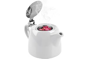 GAOUTO Teiera con inserto per colino, teiera in ceramica isolante da 500 ml, con filtro da tè in acciaio inox, infusore a maglia fine, colore: bianco