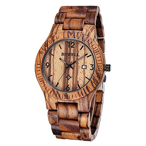 Bewell Kaffee Farbe Zebrano Holz Herren Uhren Quarz Analog Kalender Display Armbanduhr Bewell Kaffee Farbe Zebrano Holz Herren Uhren Quarz Analog Kalender Display Armbanduhr