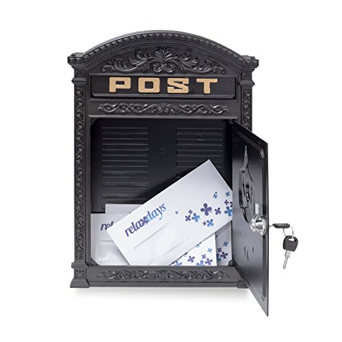 Relaxdays Briefkasten Antik Englischer Wandbriefkasten aus Aluguss mit breitem Briefschlitz für DIN A4 Umschläge HBT: 44,5 x 31 x 9,5 cm nostalgischer Postkasten mit rundem Dach, schwarz - 3