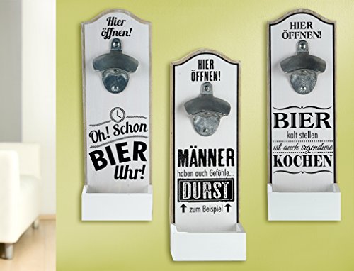 1 x Wand-Flaschenöffner MDF Metallöffner, Kronkorkensammler weiß/schwarz Höhe 30 cm, Wanddeko (Bier kalt stellen...)