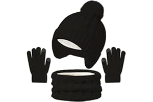 Baynetin 3-Piece Kids Winter Set-Knitted Earflap Hat with Pom Pom, Touchscreen Gloves & Circle Scarf for Boys & Girls 3-8 Years, Warm Fleece-Lined Accessories for Outdoor Sports & Snow Play