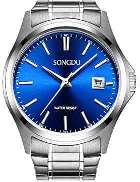 SONGDU Herren Einfache Quarz Silber Edelstahl-Armband Armbanduhr Mit Analog Datum Kleine Blaue Vorwahlknopf