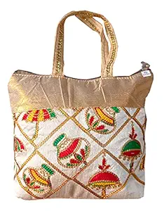 Heart Home Embroidery Small Hand Bag, Tote Bag, Purse For Daily Trips, Travel, Office & All Occasions For Women & Girls (Gold)-HS_38_HEARTH21477