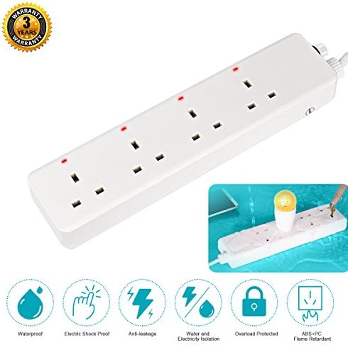 Power Strip Waterproof,Extension Socket Child Proof, Electric Shock Proof Overload Protected Extension Lead - 2M 13A, 4 Plug Outlet Safety Power Socket For Bathroom Garden - White