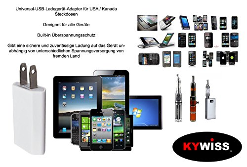Amerikanische kanadische USB-Wand-Plug Charger USA und Kanada International Travel Adapter-Stecker fÃ¼r Apple iphone ipad, Samsung Galaxy, Smartphone, Tablet, Handy, Blurtooth Headset, Bluetooth Lautsprecher, E-Zigarette von KYWISSÂ® (Weiss)
