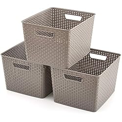 EZOWare 3 pcs Grande Cestas de Almacenaje Multiuso, Cajas Organizadoras de Plástico con Efecto de Mimbre y Asas para Cocina, Baño - Gris