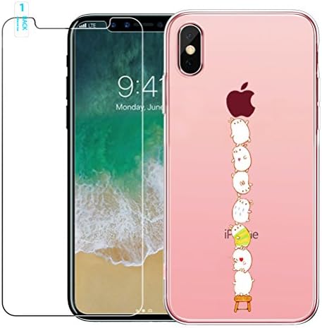 iPhone 10 Case, iPhone X Case with Tempered Glass Screen Protector, Crystal Clear Soft Silicone Gel TPU Case Cute Cartoon Scratch Resistant Protective Cover for iPhone 10 / iPhone X - Cat