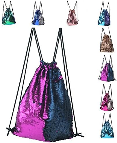 Fashion Glitter Drawstring Backpack Sequins Mermaid Sequins Magic Reversible Glitter String Bag (Dark Purple and Blue)