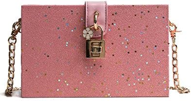 Women Youth Girls Metal Lock Flower Magnetic Buckle Closure Sequin Star Mini Crossbody Chain Strap Square Bag Ladies Clutch Wallet Purses Ins Classic Fashion (R-Pink)