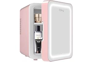 Olvy Réfrigérateur Cosmétique 4 Litres, Mini Frigo, Mini Réfrigérateur Portable Avec Miroir LED, Petit Réfrigérateur pour Soins de la Peau, Skincare Fridge, Rose