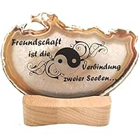 Achatscheibe Edelstein Mineralien auf Holz/Teelicht Natur einzigartig kreatives Geschenk für Geburtstag Liebe Freunde Text und Motiv: Freundschaft Yin Yang