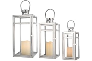 TRIROCKS Juego de 3 faroles decorativos de acero inoxidable de 19 pulgadas de alto metal con paneles de vidrio transparente, perfectos para decoración del hogar, interiores, exteriores (plateado)