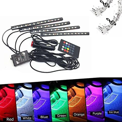 Car LED Strip Light, Wsiiroon 4pcs 48 LED Multicolor Music Car Interior Lights Under Dash Lighting Waterproof Kit with Sound Active Function and Wireless Remote Control, Car Charger Included,DC 12V