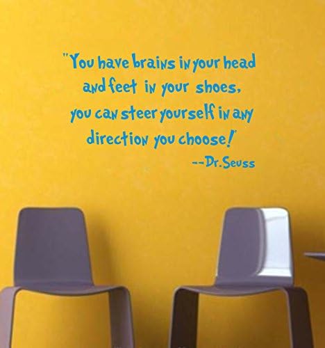 Dr.seuss quote stickers YOU HAVE BRAINS IN YOUR HEAD vinyl letter wall art decal childrens room decor quote (Blue)