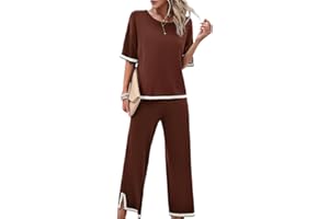 OLIPHEE Mujer Conjunto Chándal Traje De Punto Dos Piezas Casual Tejido Conjunto De Camiseta De Manga Corta Y Pantalones Conjunto De Pijama Cómodo Moda Color Sólido Verano