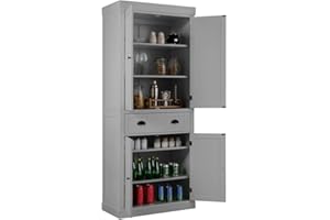 TANGZON Tall Kitchen Cupboard, 183cm 4-door Storage Cabinet with Drawer, Adjustable Shelves, Door Racks & Anti-tipping Device, Freestanding Wooden Sideboard Organiser (Grey, without Door Racks)