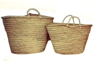 DESCONOCIDO Capazo de Palma Básico, con asas corta de pita. Cesto o Bolso de mimbre para la playa, fibras naturales. (10V, aprox. 51x31 cm)
