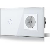 BSEED Touch Switch and Wall Plug,Glass Panel with LED Push Button,Modern Switch,Without Wifi Function,1 Gang 2 Way+1 Socket,1