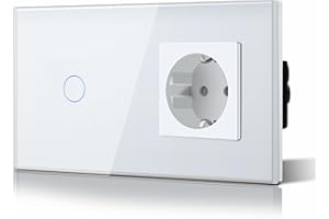 BSEED 1 Gang 2 Vía Interruptor de Luz con Schuko Enchufe, Enchufe Estándar con Interruptor de Luz Táctil de Cristal, 16A Enchufe de Pared con Interruptor de Pared, 157mm Blanco