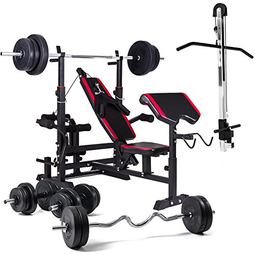 Hop-Sport Hantelbank Kraftstation 1075 mit Latzugturm, Lang-, Curl- & Kurzhantel und Gewichten 50kg bis 160kg