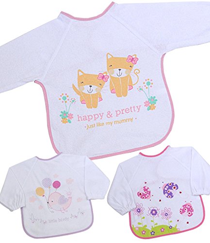 BabyPrem Baby Bibs Long Sleeve Velcro Plastic Back Pink GIRLS PACK