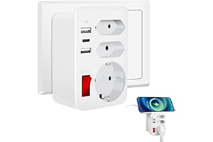 HANYEAL USB Steckdose,Steckdosenadapter mit 2 USB(3A), 1 USB C(3A) und Schuko Stecker,Mehrfachsteckdose mit Schalter 6-in-1, Stecker mit Kindersicherung Weiß, 4000W Doppelstecker für Steckdose