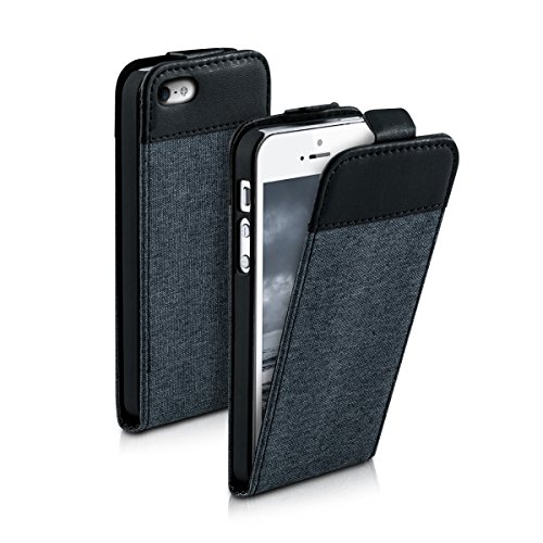 kwmobile Funda para Apple iPhone SE   5   5S - Carcasa de  Cuero sint  tico  y  Tela  - Case  Plegable  en  Gris Oscuro Negro 