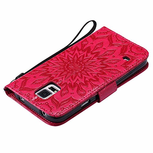 Galaxy S5 Hülle, Galaxy S5 Neo Hülle, Dfly Premium Slim PU Leder Mandala Blume prägung Muster Flip Hülle Bookstyle Stand Slot Schutzhülle Tasche Wallet Case für Samsung Galaxy S5 / S5 Neo, Rot - 8