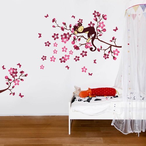 Sleeping Monkey On Pink Flower Tree Wall Sticker For Children Bedroom Baby Nursery