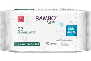Bambo Nature Aqua Wet Wipes, 1 Pack (52 Wipes), 99% Water, Sensitive Skin Safe, Extra Soft Baby Wipes with 100% Veocel Viscose, Irritation Free for Delicate Skin, Fragrance Free, Ideal for Daily Use