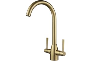 NewEast Gold Kitchen Tap, Swan Neck Kitchen Sink Tap with Swivel Spout, Dual Lever Hign Arc Kitchen Monobloc Mixer Tap