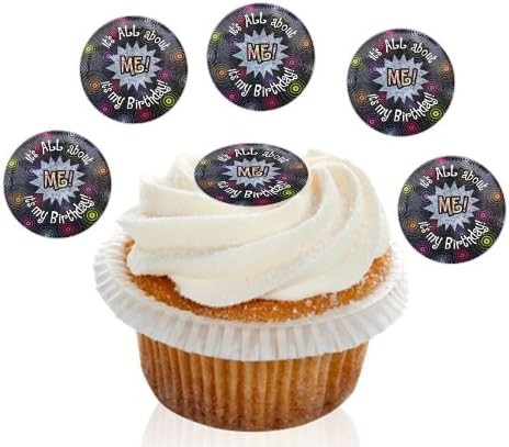 24 Pre Cut It's All About Me! Birthday Edible Premium Disc Wafer Birthday Cupcake Decorations Toppers - by Kreative Cakes