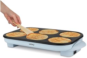 Wëasy Appareil à Crêpes Party GOO60, Crêpes et Pancakes, 6 Emplacements, Revêtement Antiadhésif, Jusqu'à 240°C, 6 spatules en bois, 1500 W