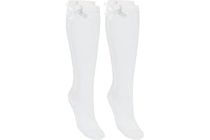 Aliwal Fashion 2 Pairs Girls Knee High Bow Socks Frilly Cotton Rich Fluffy Ribbons Bows Back to School Long Socks for Kids Bow Knee High Sock