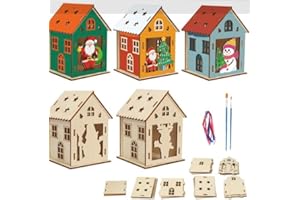Cyhhsy 5 Pack Wooden Houses for Crafts 3D DIY Christmas Crafts for Kids with Brush & Ribbons-for Christmas Gifts for Kids，Christmas Gifts for Girls or Boys