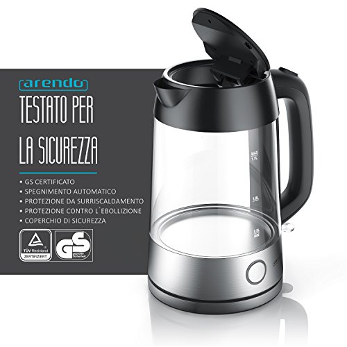 OVENTE KG83W Bollitore Elettrico In Vetro - 1,5 Litri, 1100W, Acciaio Inox, Luce LED Blu, Spegnimento Automatico - Colore Bianco
