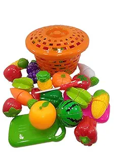 Zaid Collections Plastic 15 Pcs Realistic Slice Able Fruits And Vegetable Cutting Along With Basket, Multi color