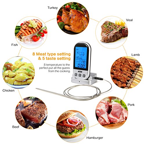 Wireless Barbecue Grill Thermometer ,SGODDE Digital Zeitmesser mit großem LCD-Display , Grillthermometer Bratenthermometer mit Timer für BBQ Kochen, Grill, Ofen, Fleisch, Indoor / Outdoor-Grill silber - 5