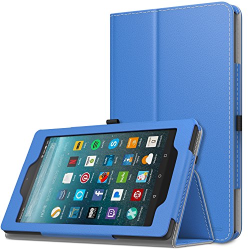MoKo Hülle für All-New Amazon Fire 7 Tablet (7 Zoll - 7. Generation, 2017 Modell) - Kunstleder Ständer Schutzhülle Smart Cover mit Auto Sleep/Wake up Funktion, Stift-Schleife und Stanfunktion für das neue Fire 7 2017, Blau