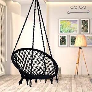 Patiofy Home Swing for Adults & Kids || Suitable for Living Room, Balcony, & Outdoor || Capacity Upto 120 Kgs || Includes Free Hanging Accessories || Handmade Jhula with Premium Cotton Rope || Black