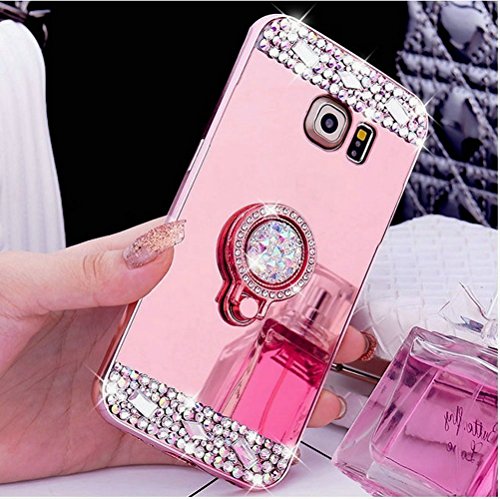 Galaxy S5 Hülle, Galaxy S5 Spiegel Hülle Mirror Case, Ukayfe [Handy Ständer Ring Holder] TPU Handyhülle Samsung Galaxy S5 Rose Gold Plating Silikon Schutzhülle Luxus Glänzend Glitzer Kristall Strass Rahmen Weich TPU Handy Tasche Ultra Dünn Silikon Weich Crystal Handyhülle mit Make Up Spiegel Mirror Kratzfeste Handy Tasche Schale Etui Bumper für Samsung Galaxy S5 - Rose Gold