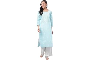 Ada Women's Hand Embroidered Traditional Indian Chikankari Pure Cotton Blue Kurta/Kurti A133664