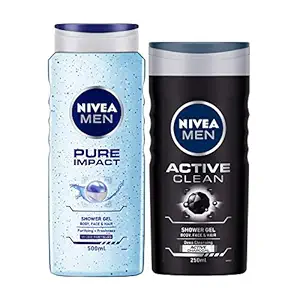 NIVEA Men Pure Impact Shower Gel, 500ml, Hair, Face & Body Wash And NIVEA Men Shower Gel, Active Clean Body Wash, Men, 250ml