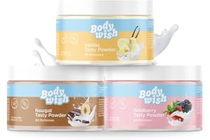 ‎BODYWISH BODYWISH - Mixed Tasty Powder - Kalorienarmes Geschmackspulver | Natürlicher Geschmack - Zuckerersatz Ernährung| Vanille - Wildberry - Nougat | 3 x 150gr - Mixed Aroma
