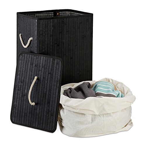 Relaxdays Wäschekorb Bambus HxBxT: ca. 65,5 x 43,5 x 33,5 cm faltbare Wäschetruhe rechteckig mit einem Fassungsvolumen von 83 L mit Wäschesack aus Baumwolle zum Herausnehmen als Wäschepuff, schwarz - 3