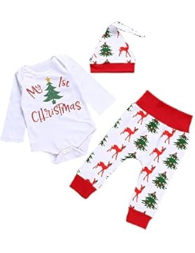 Funnycokid 3PCS Kleinkind-Weihnachtskurzschluß-Hülsen-Bodysuit und Hosen Legging Ausstattung mit Hut-Sets