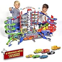 Majorette - Super City Garage - Train Motorisé - 7 Niveaux de Jeu avec 2 Ascenseurs Automatisés - Pompier + Police + Héliport