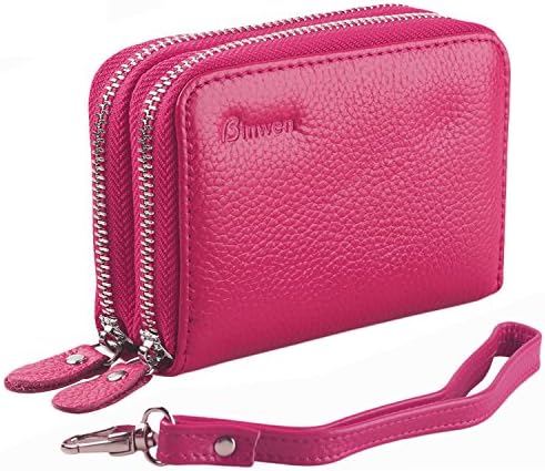 Women's genuine leather short purse RFID blocking safe credit card coin purse with detachable wrist strap double metal zipper rose red