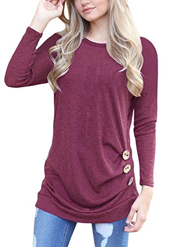 Preisvergleich Produktbild Lylafairy Elegant Oberteile, Damen Langarm Oberteile Herbst Sweatshirt Rundhals Elegant Casual T-Shirt Tops mit Zierknöpfe (Burgund, 38)