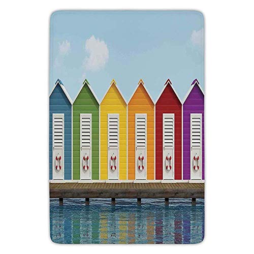 Bathroom Bath Rug Kitchen Floor Mat Carpet,Art,Image of Colorful Beach Cabins on an Old Wooden Pier by the Sea Summer Beach House Decor Decorative,Multi,Flannel Microfiber Non-slip Soft Absorbent